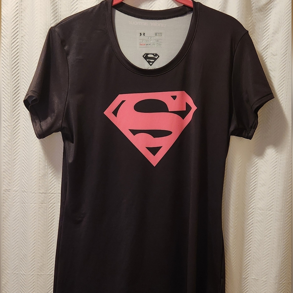 Under Armour Women's Black Heat GearTee with Pink Superman Logo, Large
